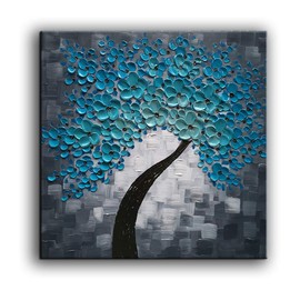 YaSheng Art - Blue Flowers Oil Paintings 100% Hand-painted Oil Painting on Canvas Texture Abstract Art Pictures Canvas Wall Art Paintings Modern Home Decor Abstract Paintings Ready to Hang 30x30inch