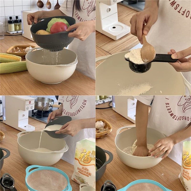 MiHerom Plastic Nesting Bowls Set with Mixing Bowls,Colanders,4 Measuring Cups,Sifter