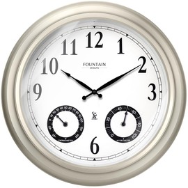 Fountain Designs 20" Evander Outdoor Atomic Clock with Thermometer & Hygrometer, Weather Station, Modern Farmhouse Style, Wall Décor and Timepiece for Home & Office, (Morning Silver)