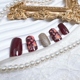 24Pcs Fall Press on Nails Medium Square Fake Nails with Gold Glitter Thanksgiving Day Maple Leaves Acrylic Nails Full Cover Wine Red False Nail Tips Autumn Maple Leaf Stick on Nails for Women