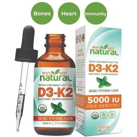 Organic Vitamin D3 Liquid Drops with K2 (MK-7) Sublingual Liquid (5000 IU) in Coconut M.C.T. Oil Adult Child Gluten Free GMO Free Dairy Free Edible Fitness Supplement Healthcare
