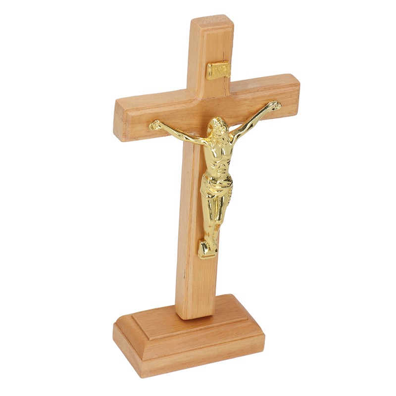 Crucifix Table Cross Hand Crafted Light Brown Durable Beech Metal