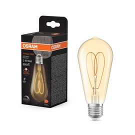 OSRAM Vintage 1906 Edison is a warm white dimmable Edison bulb with filament, offering 8W for 806lm, E27 fitting, gold glass, 64mm diameter, 2200K, EEK F.