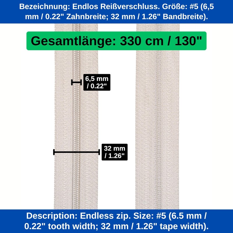 Endless Zipper, 330 cm Total Length, Size #5, Grey, Non-Separable,