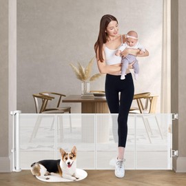 24 Inch Tall Retractable Baby Gates, Short Dog Gates to Step Over, Expands 0-55 Inches Wide, Reinforced Mesh Pet Gate with Support Rods, Small Puppy Gates for The House, White