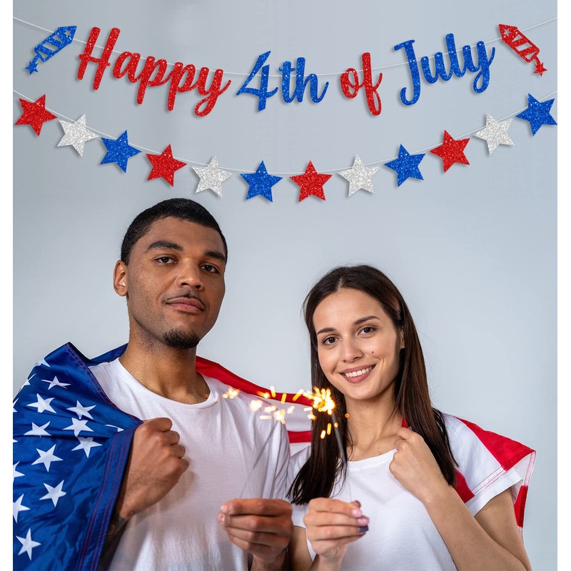 CAVLA Glittery Happy 4th of July Banner and Glitter Stars