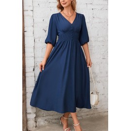 Kormei Women Casual Boho V Neck 3/4 Sleeve Smocked Waist A Line Flowy Swing Midi Dress Smocked Long Dress L Blue