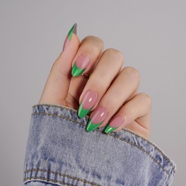 Canvalite Chrome French Tip Press on Nails - Pre-Colored Quick and Easy Press on Nails Medium Almond Fake Nails with Designs DIY Gel Nail Tips 150Pcs, Green