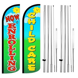 2 Pack - NOW ENROLLING, CHILD CARE, Windless Swooper Feather Flags With Poles and Spikes Banner Sign 15 Feet Tall Large Kits gz-h2
