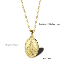 Stainless Steel Oval Virgin Mary Necklace,Religious Jesus 18K Gold Plated Necklace,Christ Medallion Coin Women Necklace (Gold)