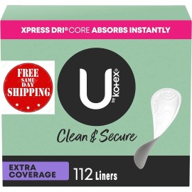 Unbranded U by Kotex Clean & Secure Panty Liners, Light Absorbency, Extra Coverage, 112 Co