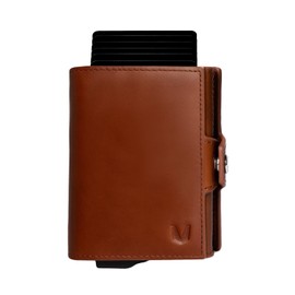 MAGATI MITA Slim Wallet Credit Card Holder with Coin Compartment, Note Compartment, Leather Wallet, Aluminium with RFID Protection, up to 12 Cards, Cognac cowhide leather, Without finding service