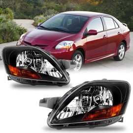 2PCS Headlights Assembly Compatible with 2007 2008 2009 2010 2011 Toyota Yaris Base S 4-Door Sedan Headlamps Assembly Black Chrome Housing Replacement Driver & Passenger Side