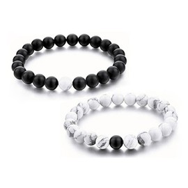 Looyar Couples Bracelet His and Hers Distance Bracelet Black Matte Agate & White Howlite 8mm Beads Bracelet (1#)