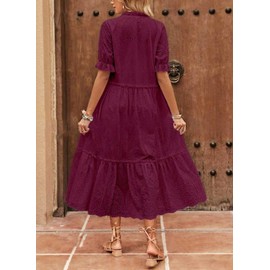 chouyatou Women's Summer Boho Embroidery Eyelet Dress V-Neck Collared Tiered Midi Tunic Dress (Large, Wine Red)