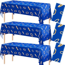 ANLLECR 3Pcs 108 x 54 Inches Blue with Gold Ring Print Tablecloth,Video Games Cartoon Themed Tablecloths,Blue Disposable Rectangle Plastic Table Cover for Boys Girls Birthday Party Decoration