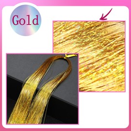 NIACONN Glitter Hair Tinsel Extensions Kit Gold with Tools and Beads, 48 Inch Sparkly Fairy Colorful Tensile Strands Shiny Hair Accessories for Women Girls Kids