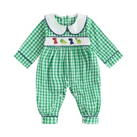 Mieeyali Toddler Baby Boy Fall Clothes Dinosaur Gingham Collared Jumpsuit Romper Long Sleeve One Piece Outfits (Green, 12-18 Months)