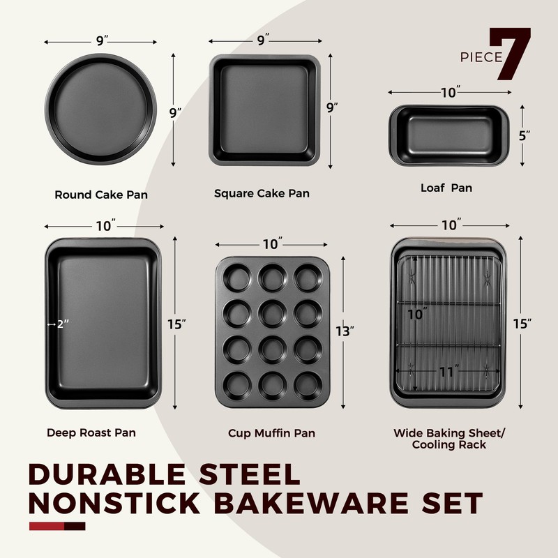 KITESSENSU Baking Pans Sets, Nonstick Bakeware Sets 7-Piece with Round/Square