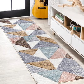 JONATHAN Y SNT107A-28 Aileen Geometric Scandi Colorblock Carved Indoor -Runner Rug, Modern, Contemporary, Coastal Easy-Cleaning,Bedroom,Kitchen,Living Room,Non Shedding, Multi, 2 X 8