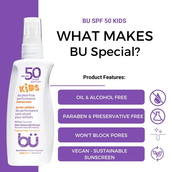 Sunscreen Spray Kids SPF 50 by Bu - Travel Size Organic formulation for Sensitive Skin - Fragrance-Free, Oil-Free, Non Greasy, Non Comedogenic, Water-Resistant (3.3 Ounce - 3 Pack)