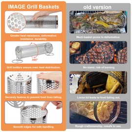 Grill Basket, IMAGE Round Hole Rolling Grilling Baskets for Outdoor Grill Portable Grill Nets Cylinder with Reinforced Locking Clasp, 2-Pack 12 in Stainless Steel Grill Mesh Barbecue Grill Accessories