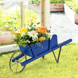 CHEFJOY Wooden Wagon Planter, Decorative Wheelbarrow Cart Plant Pot with Long Handles & Mental Supports, Single Wheel Movable Garden Flower Cart Planter for Yard, Backyard (Blue)