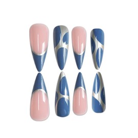 Stiletto Press on Nails Long Fake Nails Blue False French Tip Nail swith Silver Designs Glue on Nails Glossy Stick on Nails Cute Artificial Nails for Women 24Pcs