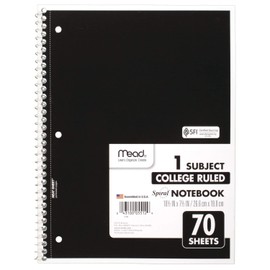 Mead Spiral Notebook, 1 Subject, College Ruled Paper, 70 Sheets, 10-1/2" x 7-1/2", Assorted Colors (05512)