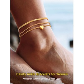 PROSTEEL Gold Herringbone Anklets for Women Waterproof Ankle Bracelets Gold Plated Anklet Heart Anklets Gold Anklet Set