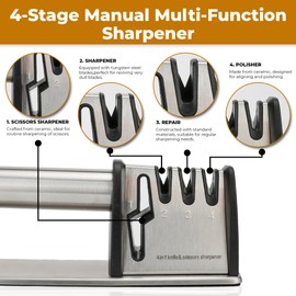 Knife and Scissor Sharpener, 4-In-1 Manual Knife Sharpeners, kitchen knife sharpener Suitable for Fruit Knife and Steel Knives, Scissors, Manual Kitchen Knife Sharpener Kit, Black