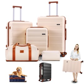 Hoteel Luggage Sets 5 Piece, 4-Yr Warranty Durable Suitcase Dual-Spinner Wheel TSA Lock, Lightweight Travel Hardshell ABS Carry on Luggage for Men&Women, Beige(20in/24in/28in/DB/TB)