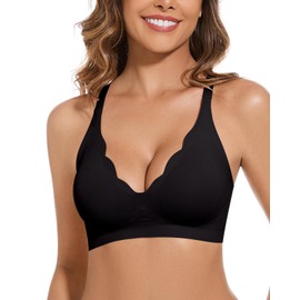 WOWENY Seamless Bra without Underwire Padded Push Up Curve Non-Wired Bra Comfort Support Comfortable Bustier V-Neck Bralette with Bra Extension, black