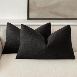 Foindtower Set of 2 Decorative Textured Burlap Linen Throw Pillow Covers Farmhouse Boho Lumbar Cushion Cover Solid Accent Pillowcase for Couch Sofa Bed Living Room Home Decor,12×20 Inch,Black