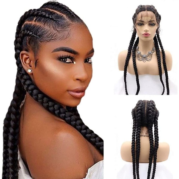 Angle Lucky Lace Front Braided Wig Fully Handmade Black 4 Twist Braid Wig with Baby Hair Synthetic Glueless Wigs Heat Resistant Fiber Afro Braided Wigs for Women Drag Queen Party 30 Inch