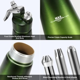 Cream Whipper Aluminum Professional Whip Cream Canister Heavy Duty Whipped Cream Dispenser with 3 STAINLESS STEEL Decorating Nozzles & Cleaning Brush Green