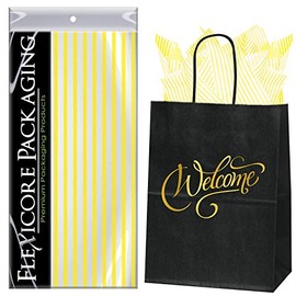Flexicore Packaging Black Kraft Paper Welcome Bags & Yellow Gift Wrap Tissue Paper | Size: 8 Inch X 4.75 Inch X 10.5 Inch | Count: 50 Bags | Color: Yellow Pin Stripe