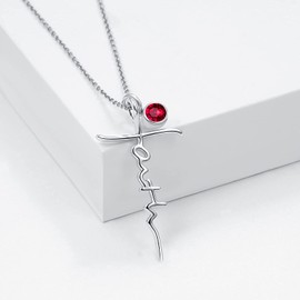 PRAYMOS Faith Necklace 925 Sterling Silver January Birthstone Necklace Faith Cross Pendant Dainty Necklace Religious Jewelry Gift