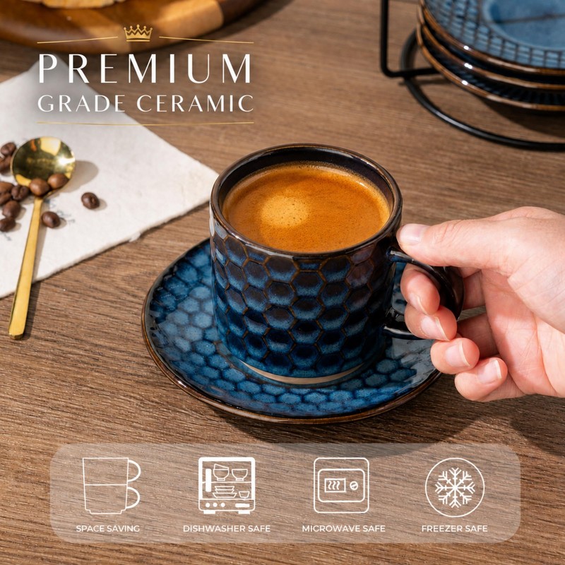 6 OZ Coffee Mugs with Saucer and Stand, Ceramic Espresso