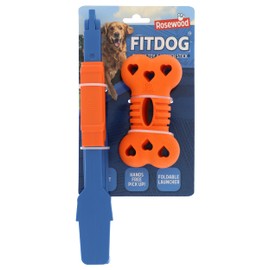 Rosewood FitDog Bone mit Launcher – Robustes Hundespielzeug zum Kauen, Werfen und Apportieren – Schwimmfähig und springend – Kompakter Steck-Launcher – für Land- und Wasserspiele