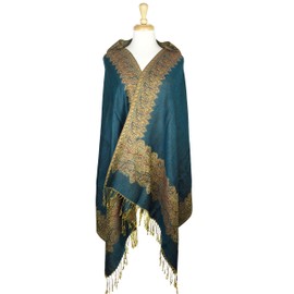 Paskmlna Border Pattern Double Layered Reversible Woven Pashmina Shawl Scarf Wrap Stole (#05teal)