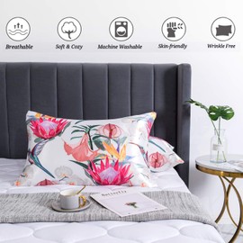 LCBD Satin Pillowcase for Hair and Skin, Printed Pillow Cases Set of 2, Silky Floral Print Pillow Covers with Envelope Closure, Queen Size (20x30 inches)