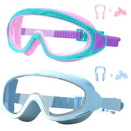 LYBHDAFA 2 Pack Kids Swim Goggles for 3-15 - HD Children's Large Frame Anti-Fog Pool Swimming Goggles for Boys Girls Toddler (Green Pink & Light Blue)
