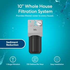 Brio Whole House Water Filter System w/Gauge & Fast-Flow Sediment Filter (5 Micron) 4.5" x 10" | Removes Dirt, Improves Taste & Protects Home Appliances | 720 GPH | 50,000 Gallons or 6 Months
