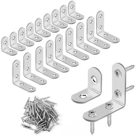 20 Pcs L Bracket Corner Brace, Stainless Steel Right Angle Bracket, Single Hole and Double Hole 90 Degree Bracket, Metal Corner Bracket for Wood Furniture Chair Drawer Cabinet with 60 Pcs Screws