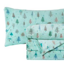 Elegant Comfort Luxuriously Soft 4-Piece Holiday Velvet Plush Flannel Sheet Set - Premium Quality - Cozy Warm, Christmas Fuzzy Velvet Flannel Fleece Deep Pocket Sheet Set - King, Mint Pine Trees