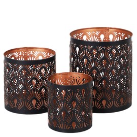 MARRAKESCH Set of 3 Lanterns, 14 cm, Large, Metal, Oriental Tea Light Holder, Zalia, Black Copper as Table Decoration