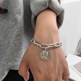 Vacaonio Punk Medallion Coin Bracelet Layered Disc Bracelet Silver Parperclip Chain Bracelet Chunky Chain Link Bracelet Toggle Clasp Bracelet Curb Bracelet Hand Chain Jewelry for Women