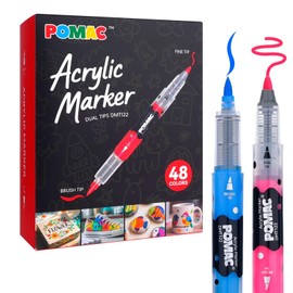 POMAC Rotuladores de Pintura Acrílica de Doble Punta Colores Surtidos, Marcador Acrílico Líquido Directo con Pincel y Punta Fina, Marcador de Pintura (48)