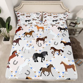 Kids Horse Fitted Sheet Kawaii Cats Horses Bed Sheet Set for Girls Women Gray Buffalo Check Plaid Heart Decor Bedding Set Farmhouse Grid Farmhorse Bed Cover Bedroom 3Pcs Full Size